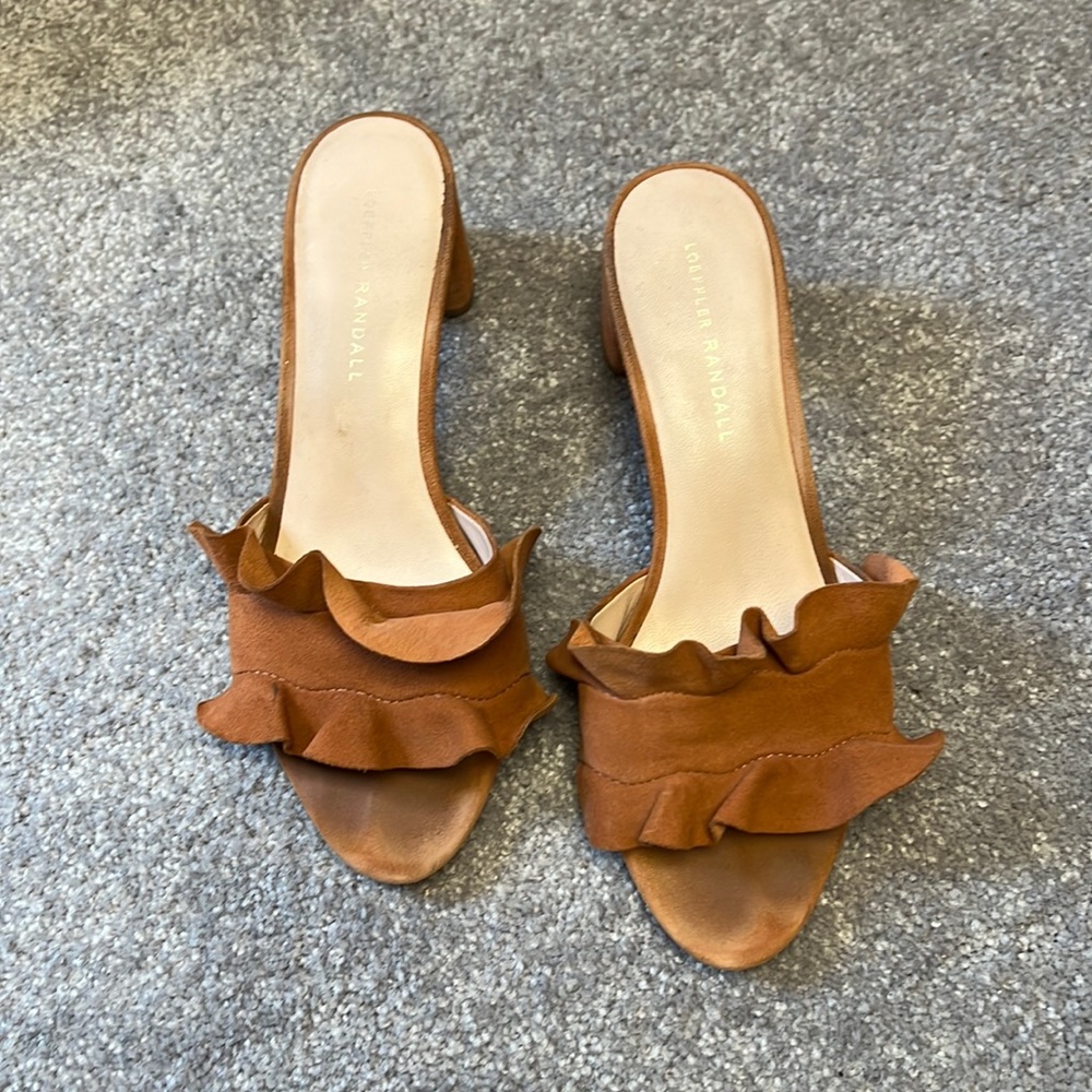 Loeffler Randall Tan Ruffle Leather Slide Sandals